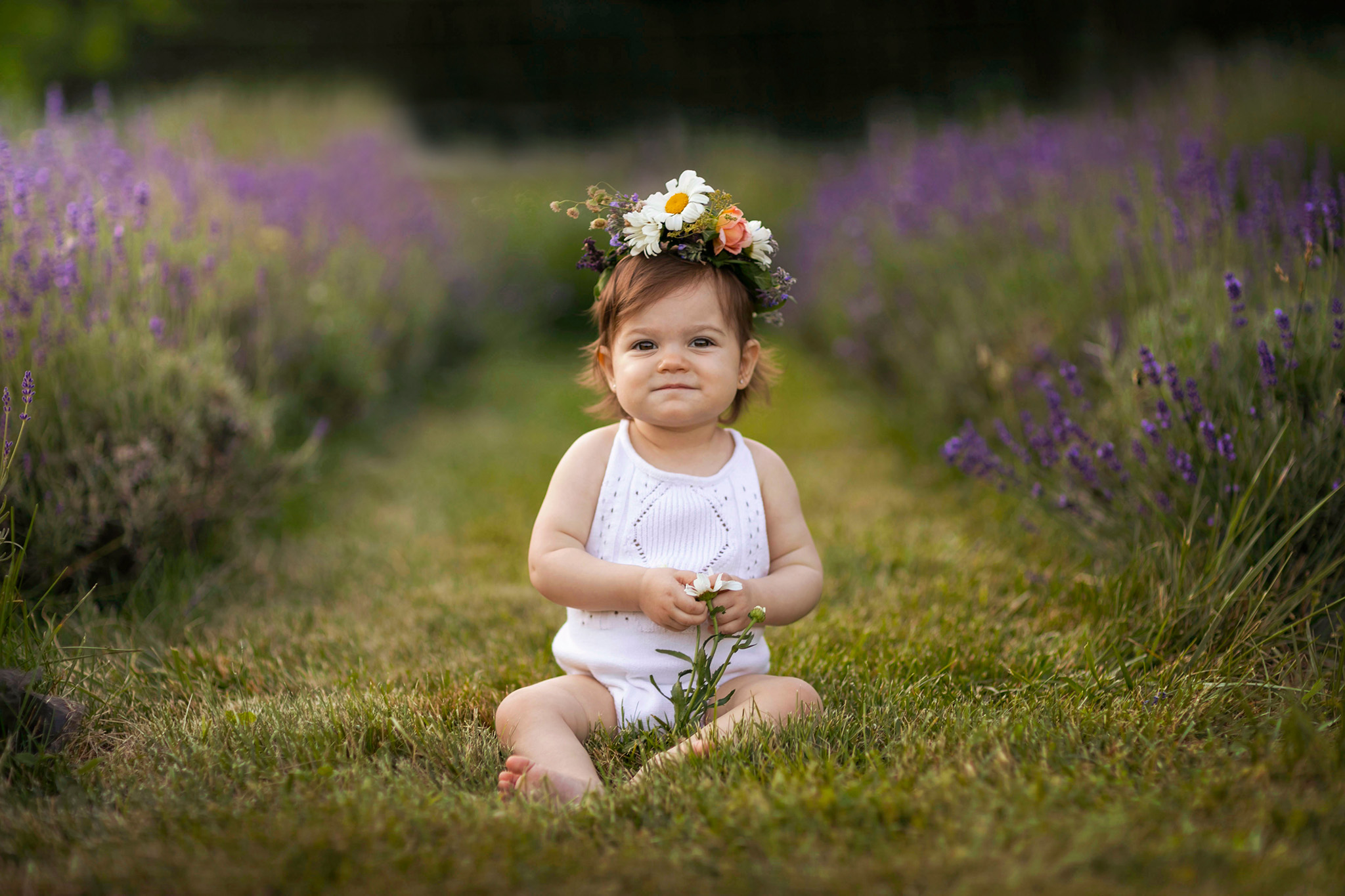 Baby sitting in the middle of a lavender field while wearing a flower crown I Lavender Farms in NJ