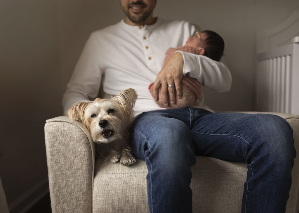 Dad poses for his NJ baby photos with his pup and baby girl.