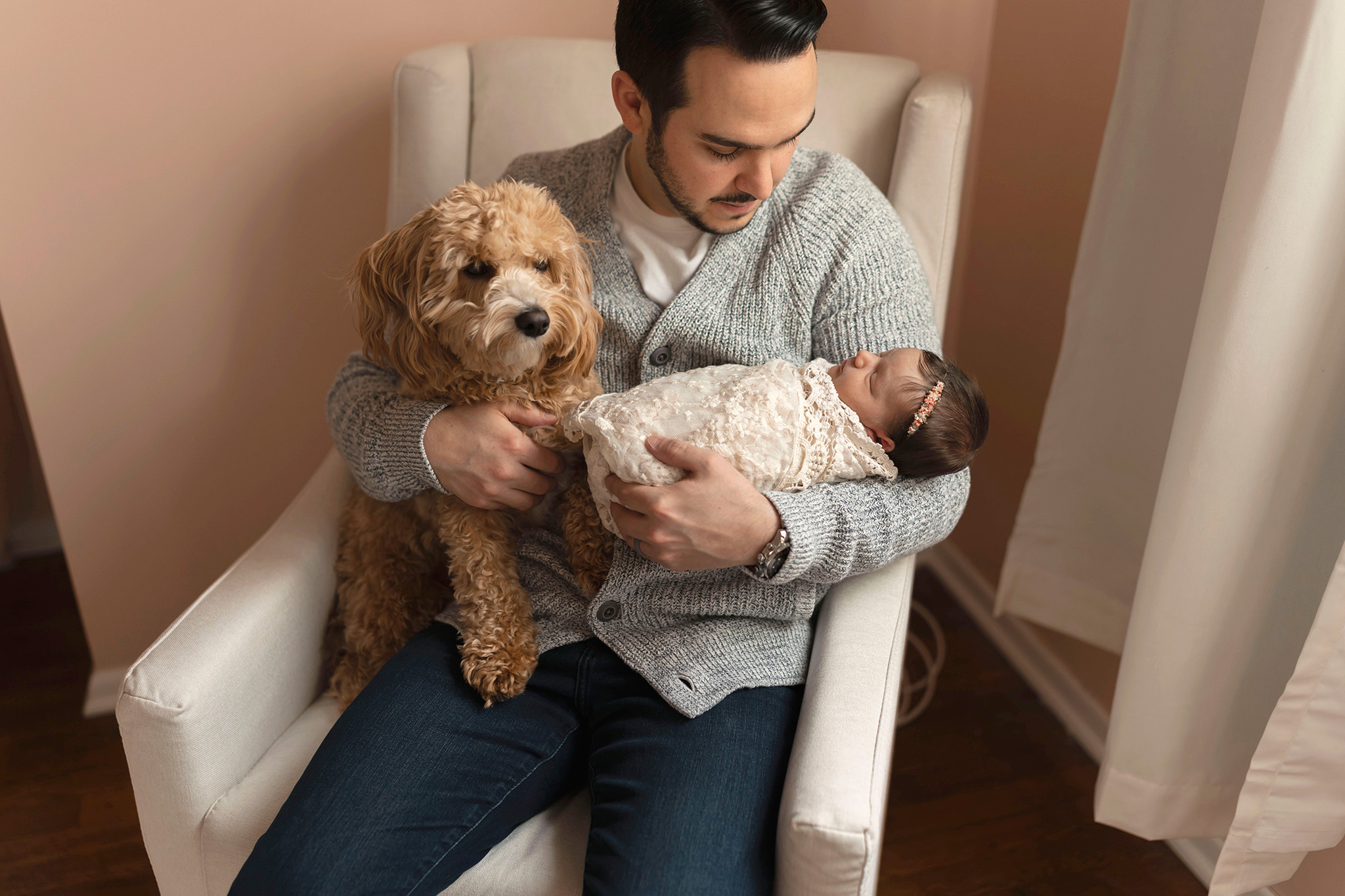 Dad holds his baby girl and his 2 year old puppy I NJ Newborn Photography session